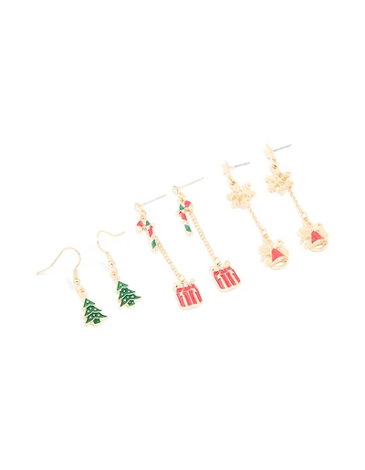 Gold Bell & Present Chain Earrings 3 Pack