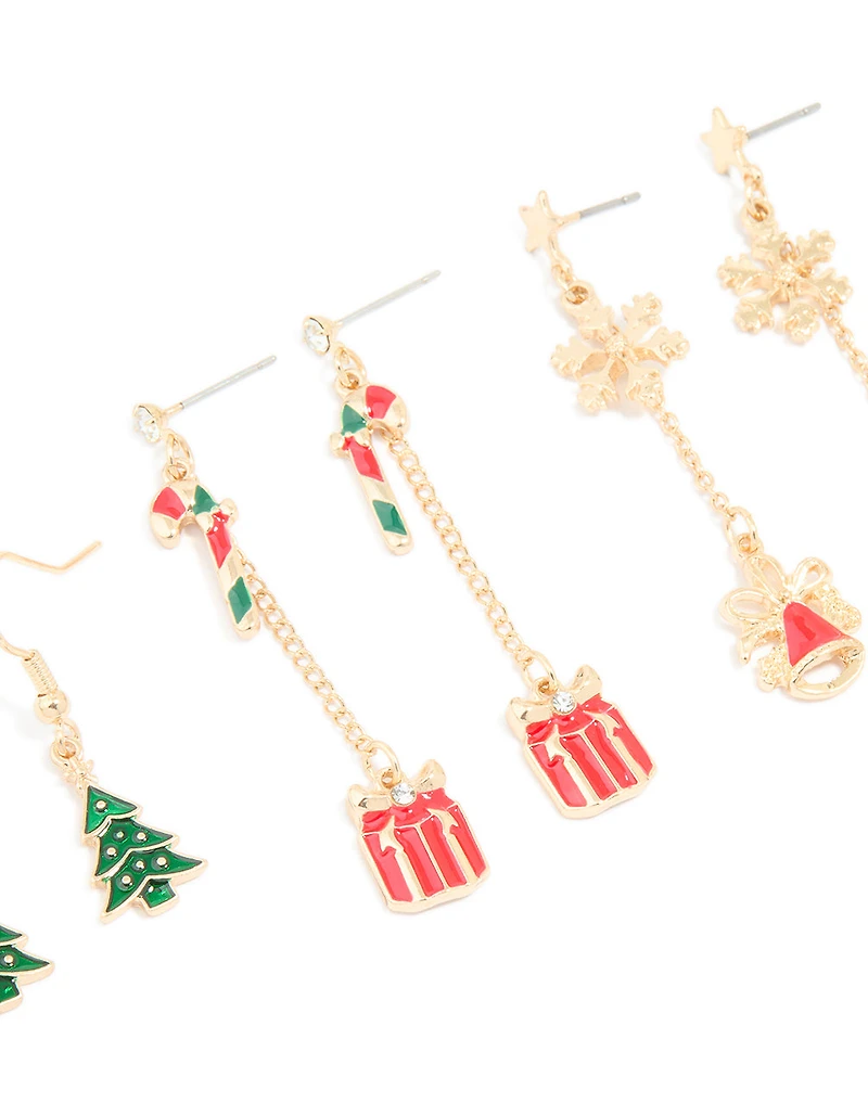 Gold Bell & Present Chain Earrings 3 Pack