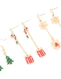 Gold Bell & Present Chain Earrings 3 Pack