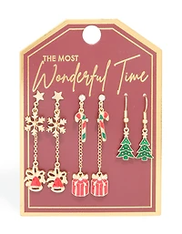 Gold Bell & Present Chain Earrings 3 Pack