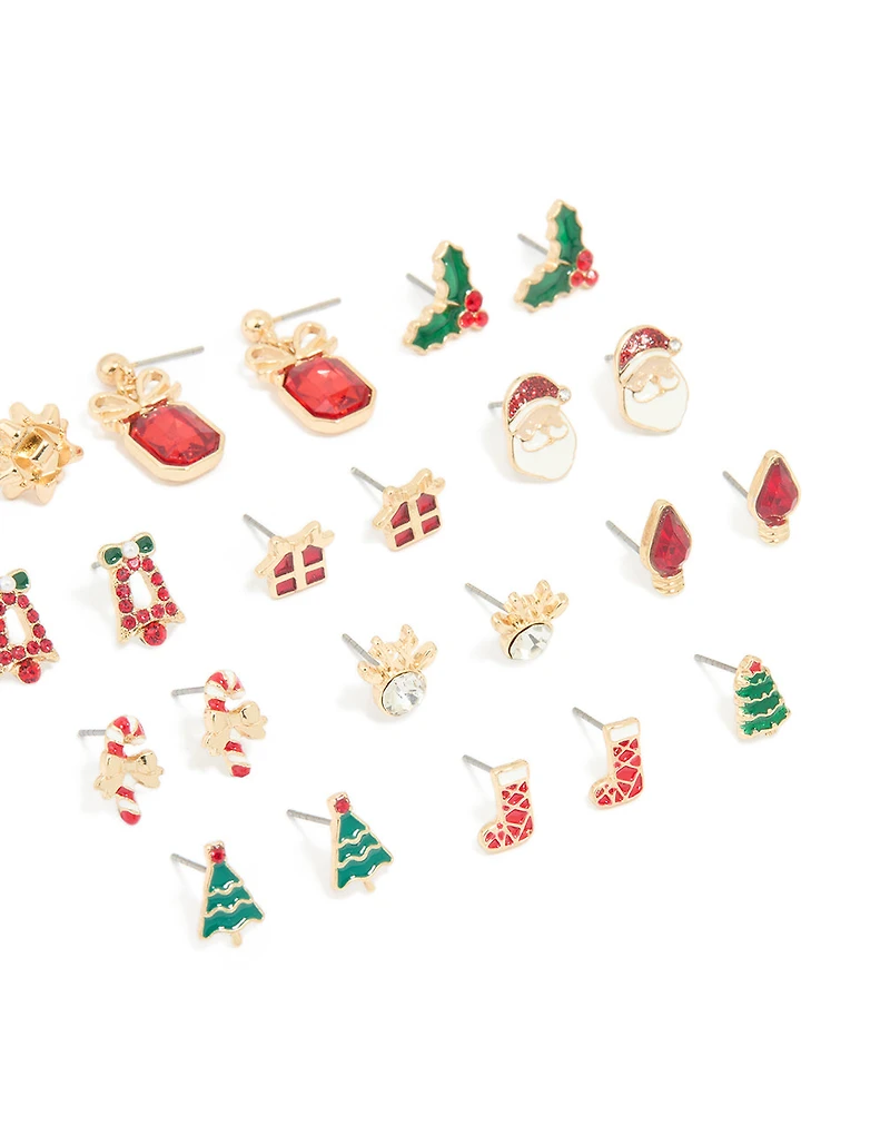 Gold Diamante Bow Drop & Santa Earrings 12-Pack