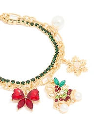 Gold Green Diamante Cup Chain & Festive Charm Layered Bracelet