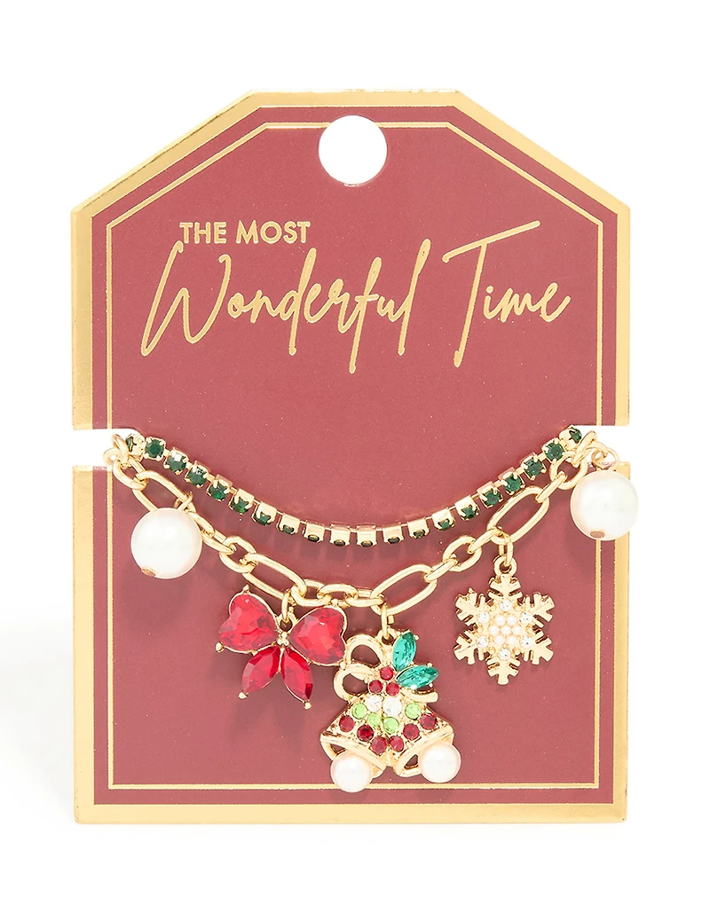 Gold Green Diamante Cup Chain & Festive Charm Layered Bracelet