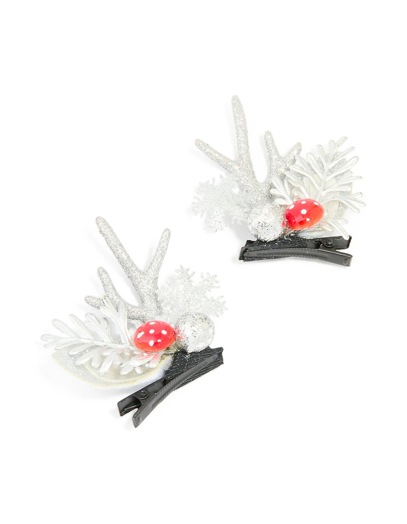 Bloc de 2 pinces à cheveux champignon argenté et renne