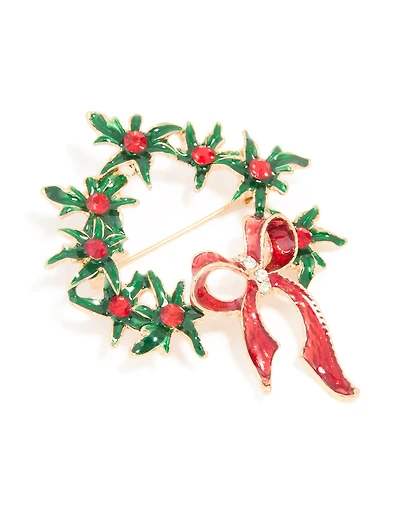Gold Holly Bow Wreath Brooch