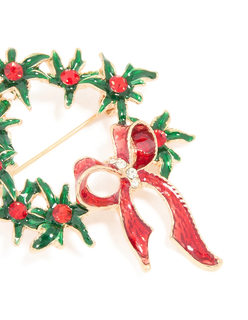 Gold Holly Bow Wreath Brooch