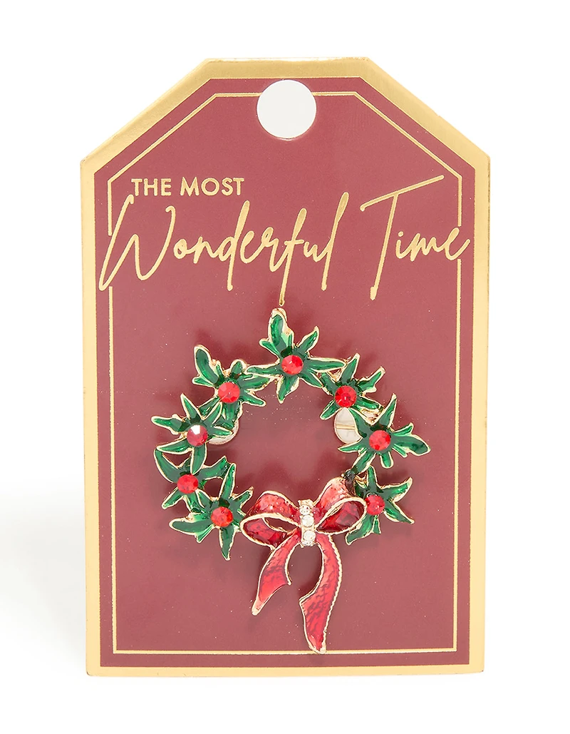 Gold Holly Bow Wreath Brooch