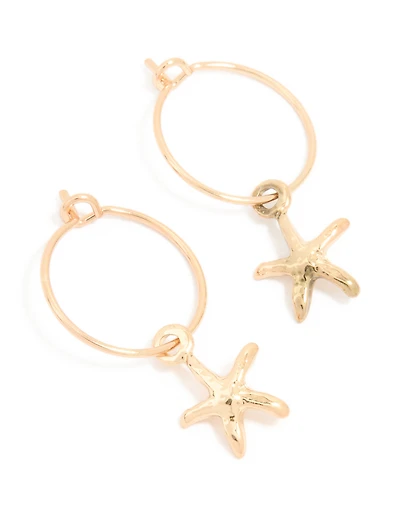 Gold Starfish Charm Hoop Earrings