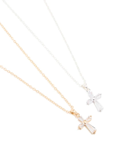 Mixed Metals Diamante Cross Necklaces 2-Pack