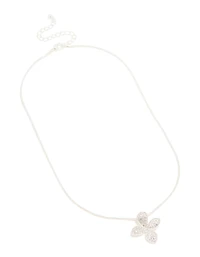 Silver Diamante Pave 3D Flower Snake Chain Necklace