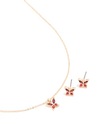 Gold Red Diamante Butterfly Stud Earrings & Necklace Set