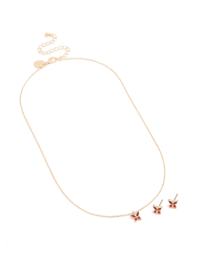 Gold Red Diamante Butterfly Stud Earrings & Necklace Set