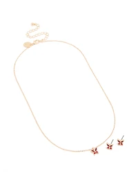 Gold Red Diamante Butterfly Stud Earrings & Necklace Set