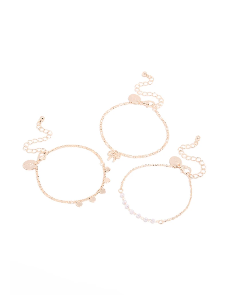 Bracelets nœud et cœur en or rose en perles en paquet de 3