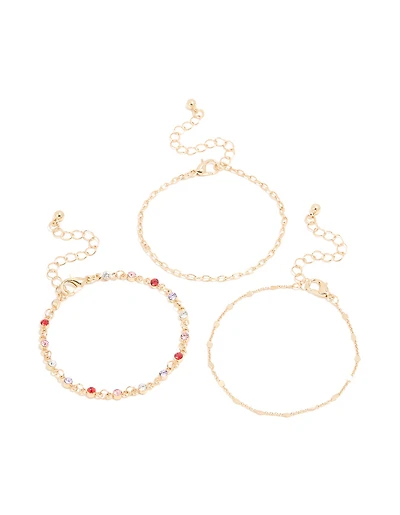 Gold Diamante Circle & Chain Bracelets 3-Pack