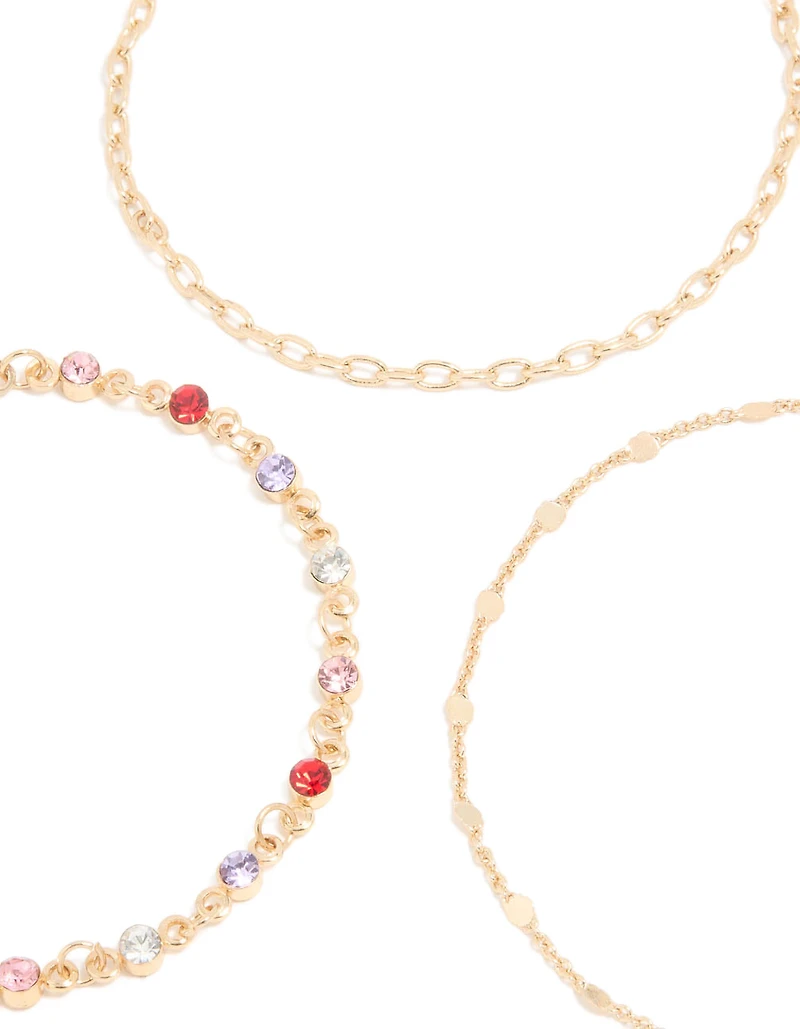 Gold Diamante Circle & Chain Bracelets 3-Pack