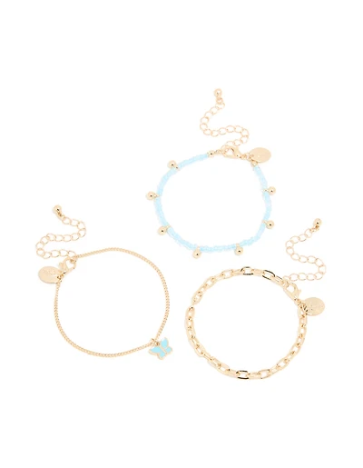 Gold Blue Beaded & Butterfly Charm Bracelets 3-Pack
