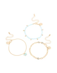 Gold Blue Beaded & Butterfly Charm Bracelets 3-Pack