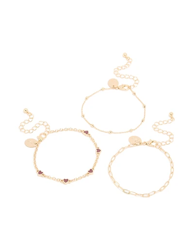 Gold Heart & Chain Bracelets 3-Pack