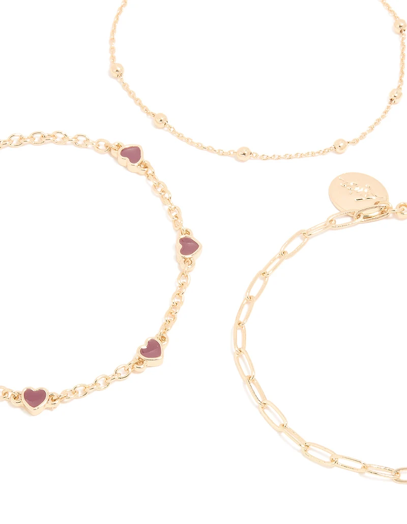 Gold Heart & Chain Bracelets 3-Pack