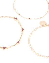 Gold Heart & Chain Bracelets 3-Pack