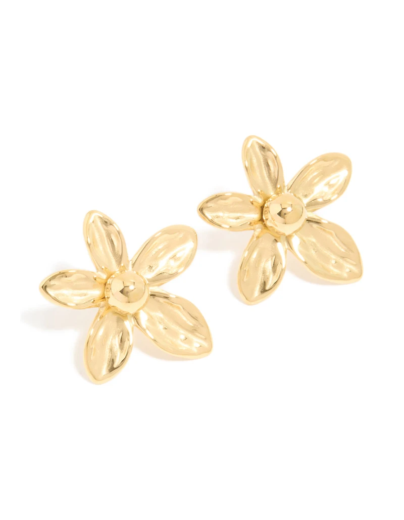 Waterproof Gold Plated Stainless Steel 5-Petal Flower Stud Earrings