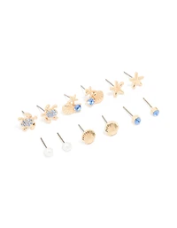 Pack de 6 boucles d’oreilles pour enfants tortue bleu bleu doré et étoile de mer stud