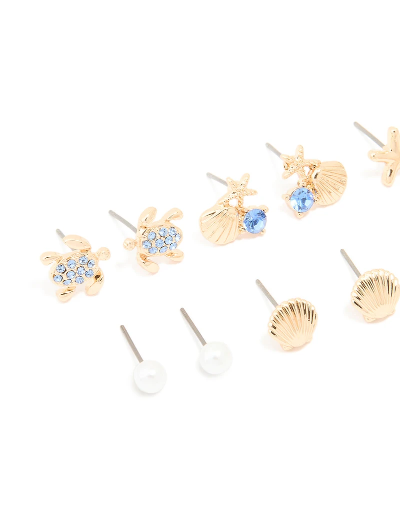 Pack de 6 boucles d’oreilles pour enfants tortue bleu bleu doré et étoile de mer stud
