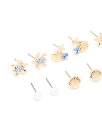Pack de 6 boucles d’oreilles pour enfants tortue bleu bleu doré et étoile de mer stud