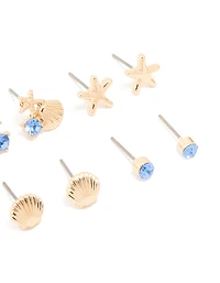 Pack de 6 boucles d’oreilles pour enfants tortue bleu bleu doré et étoile de mer stud