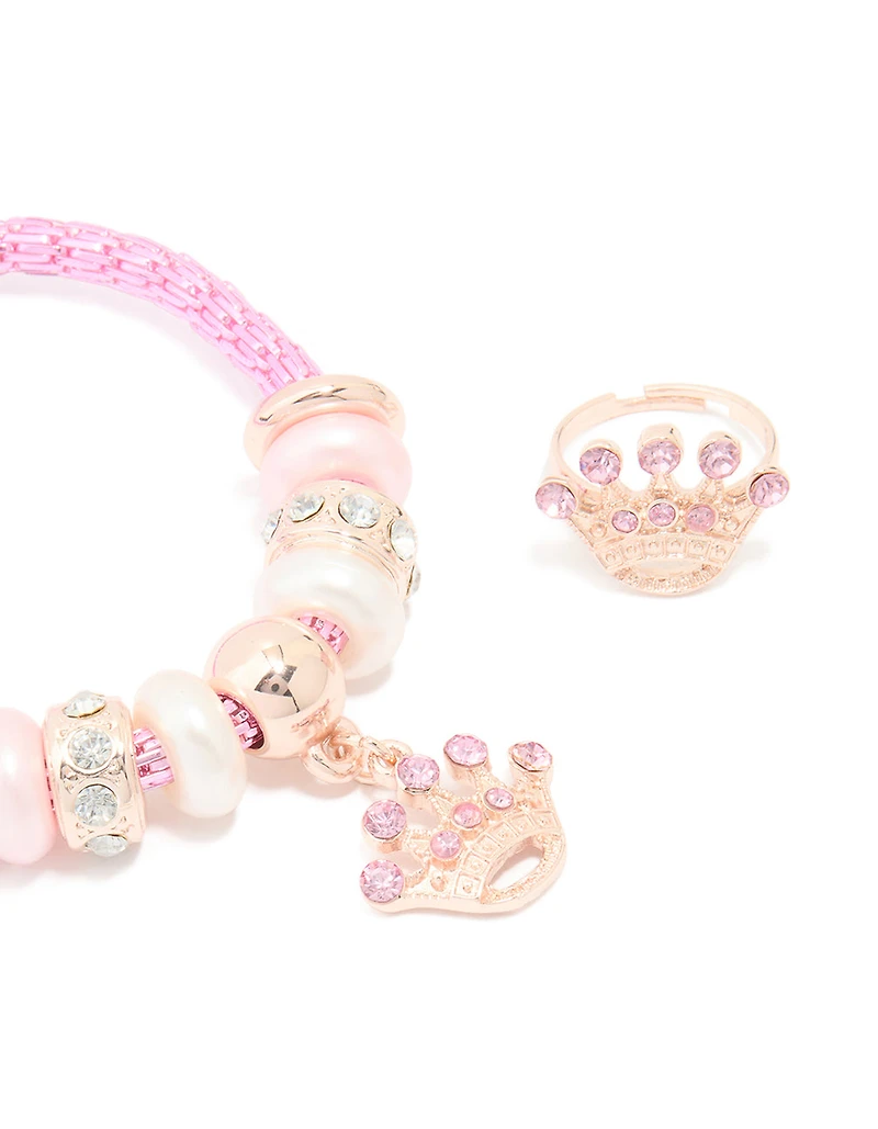 Kids Pink Diamante Crown Stretch Bracelet & Ring Set