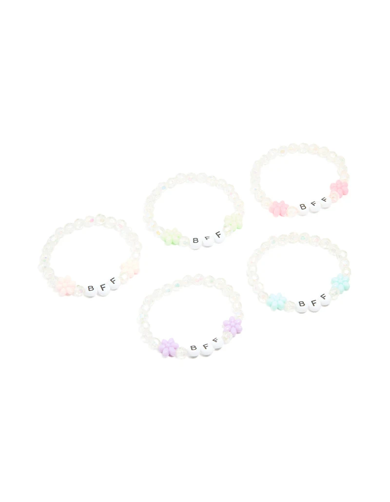 Bracelets stretch Kids pour enfants, perles blanches et fleurs pastel Best Friends, pack de 5