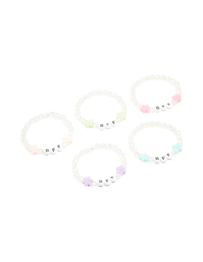 Bracelets stretch Kids pour enfants, perles blanches et fleurs pastel Best Friends, pack de 5
