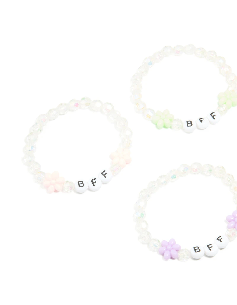 Bracelets stretch Kids pour enfants, perles blanches et fleurs pastel Best Friends, pack de 5