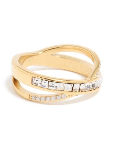 Waterproof Gold Plated Stainless Steel Diamante Cross Over Ring