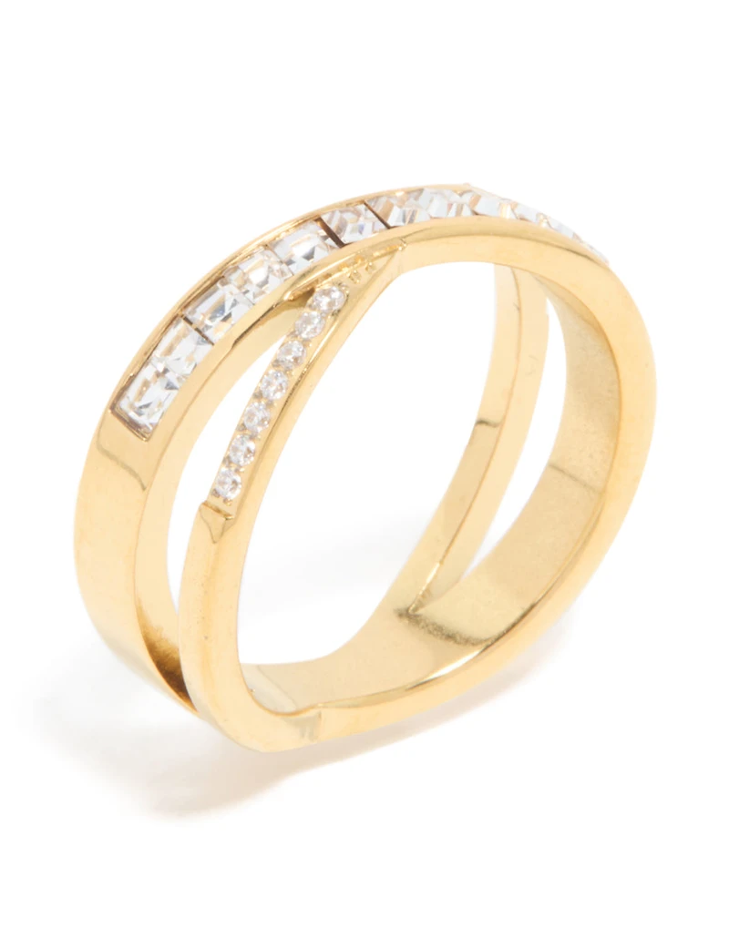 Waterproof Gold Plated Stainless Steel Diamante Cross Over Ring