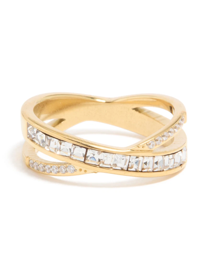 Waterproof Gold Plated Stainless Steel Diamante Cross Over Ring