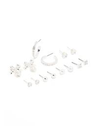 Silver Diamante & Bow Heart Earrings 7-Pack