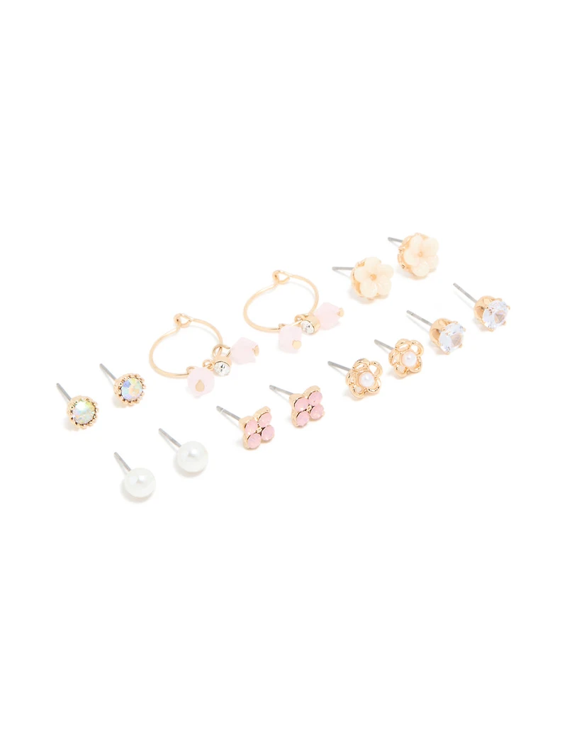 Gold Pearl & Floral Stud Earrings 7-Pack