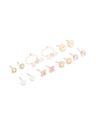 Gold Pearl & Floral Stud Earrings 7-Pack