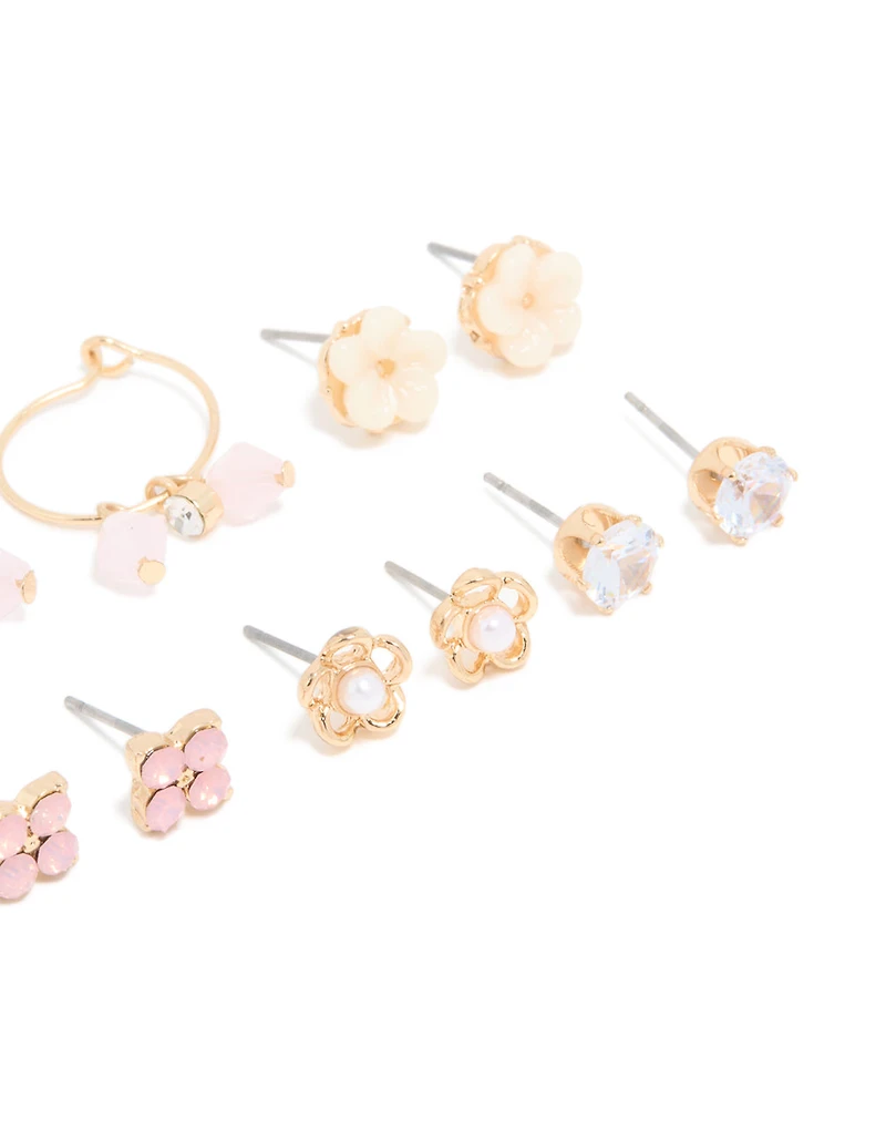 Gold Pearl & Floral Stud Earrings 7-Pack