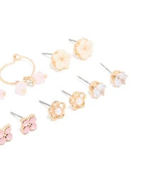 Gold Pearl & Floral Stud Earrings 7-Pack