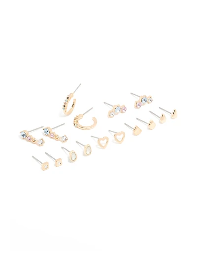 Gold Blue Clear & Pink Diamante Mixed Shape Stud Earrings 8-Pack