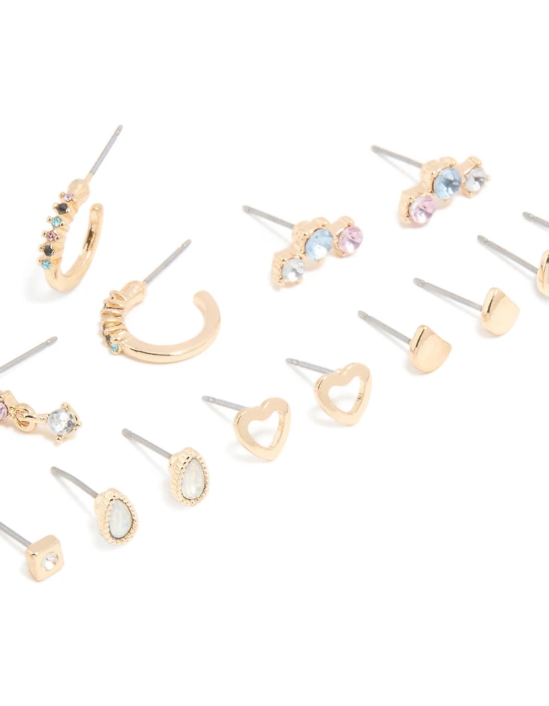 Gold Blue Clear & Pink Diamante Mixed Shape Stud Earrings 8-Pack