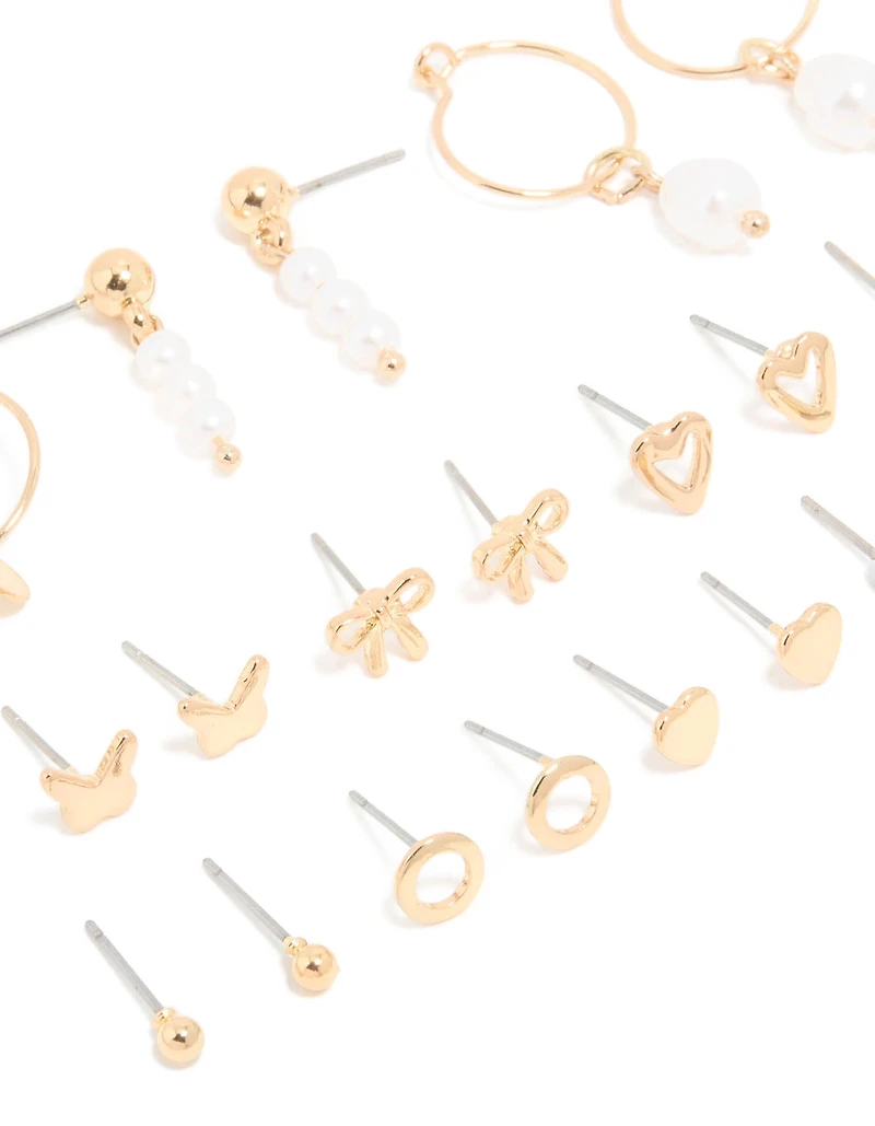 Gold Pearl & Heart Earrings 12-Pack