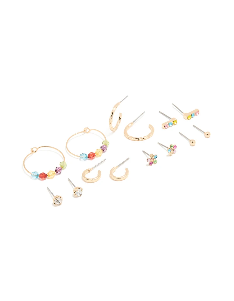 Gold Multicoloured Diamante Stud & Hoop Earrings 7-Pack