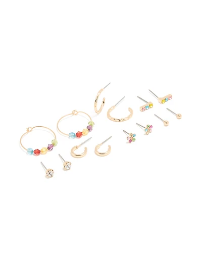 Gold Multicoloured Diamante Stud & Hoop Earrings 7-Pack