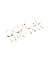 Gold Multicoloured Diamante Stud & Hoop Earrings 7-Pack