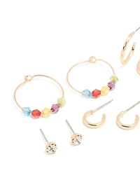 Gold Multicoloured Diamante Stud & Hoop Earrings 7-Pack