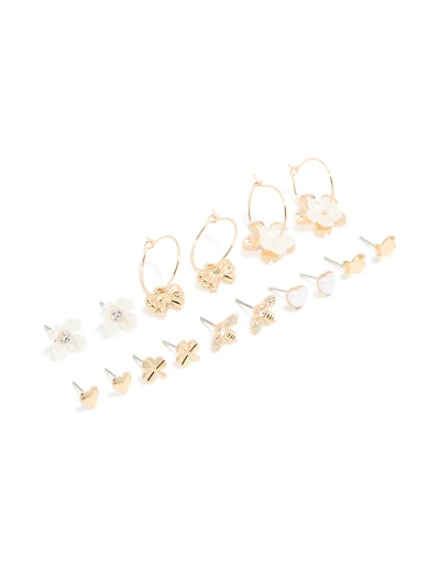 Gold White Pearlised Flower & Bee Earrings 8-Pack
